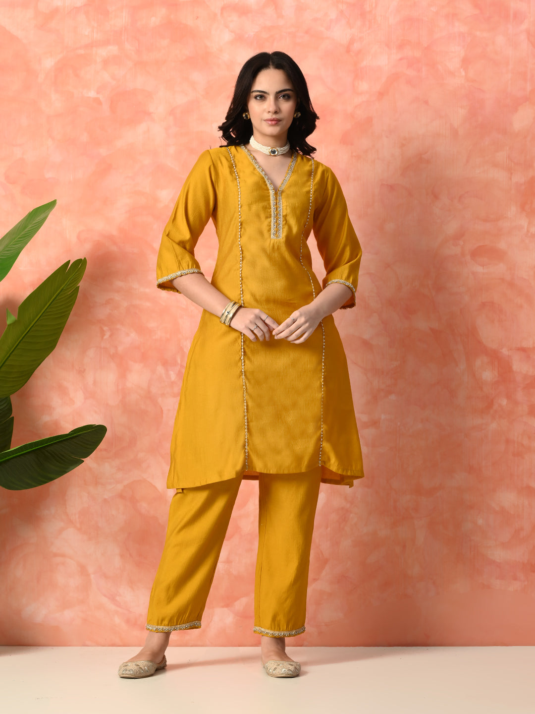 Myshka Musturd Silk Blend Straight V-Neck Three-Quarter Sleeves Kurta Trousers With Dupatta | Grocsy