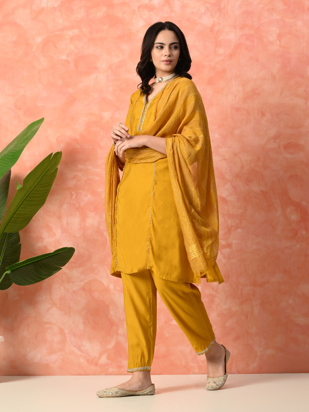 Myshka Musturd Silk Blend Straight V-Neck Three-Quarter Sleeves Kurta Trousers With Dupatta | Grocsy