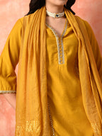 Myshka Musturd Silk Blend Straight V-Neck Three-Quarter Sleeves Kurta Trousers With Dupatta | Grocsy