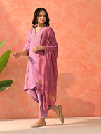 Myshka Lavender Silk Blend Straight V-Neck Three-Quarter Sleeves Kurta Trousers With Dupatta | Grocsy