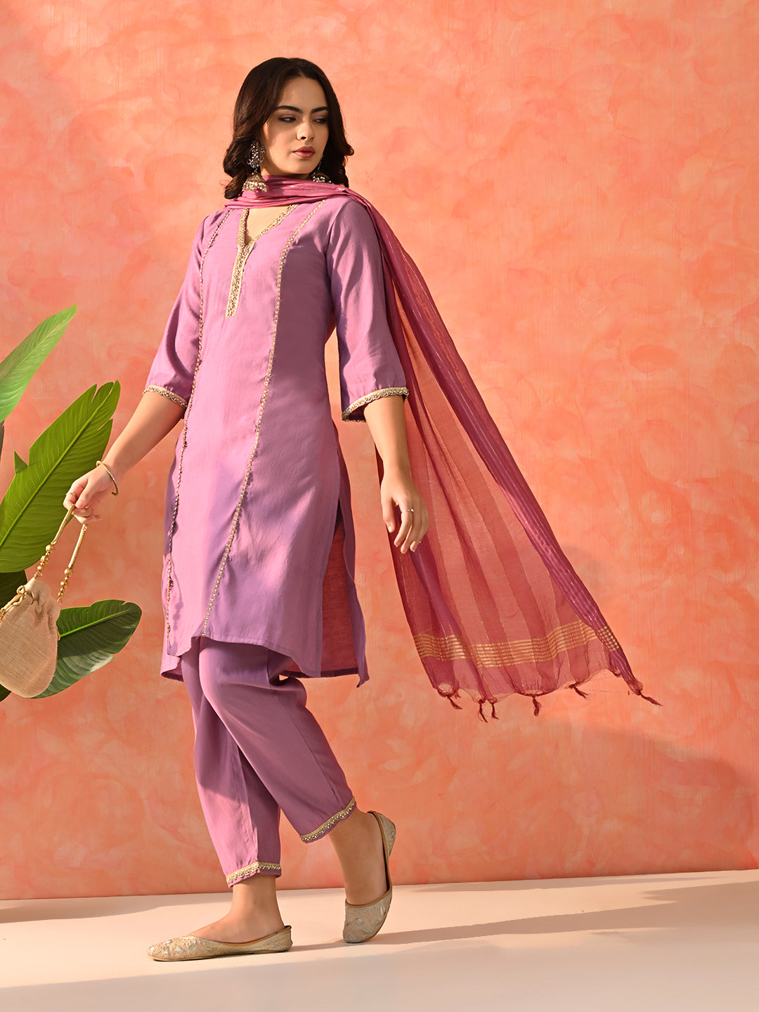 Myshka Lavender Silk Blend Straight V-Neck Three-Quarter Sleeves Kurta Trousers With Dupatta | Grocsy