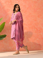 Myshka Lavender Silk Blend Straight V-Neck Three-Quarter Sleeves Kurta Trousers With Dupatta | Grocsy