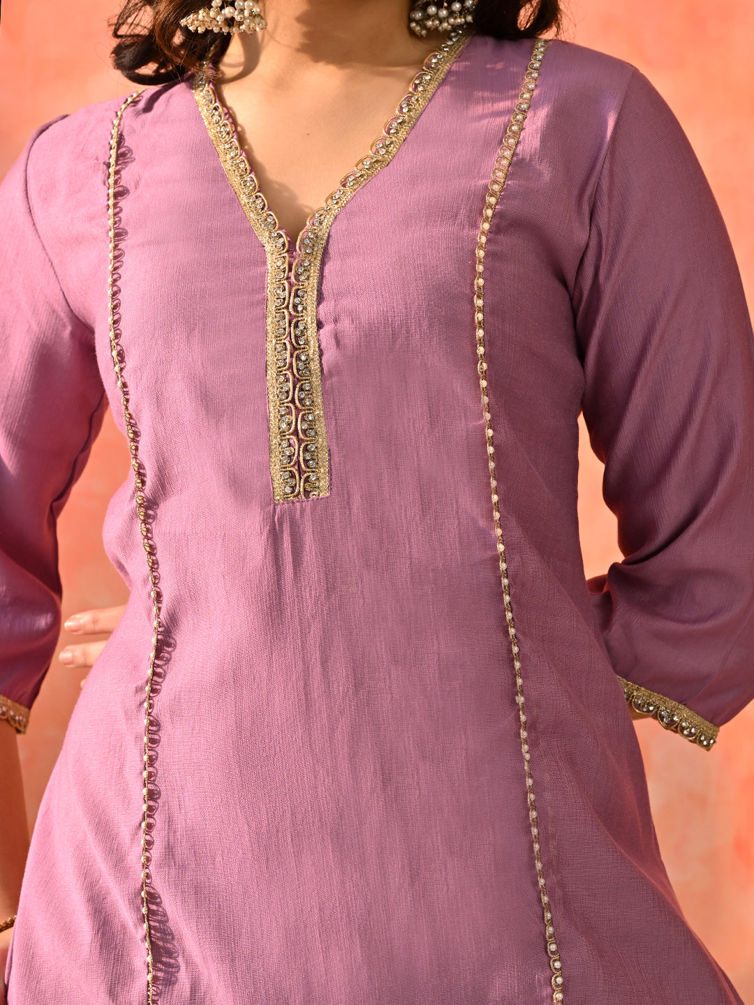 Myshka Lavender Silk Blend Straight V-Neck Three-Quarter Sleeves Kurta Trousers With Dupatta | Grocsy