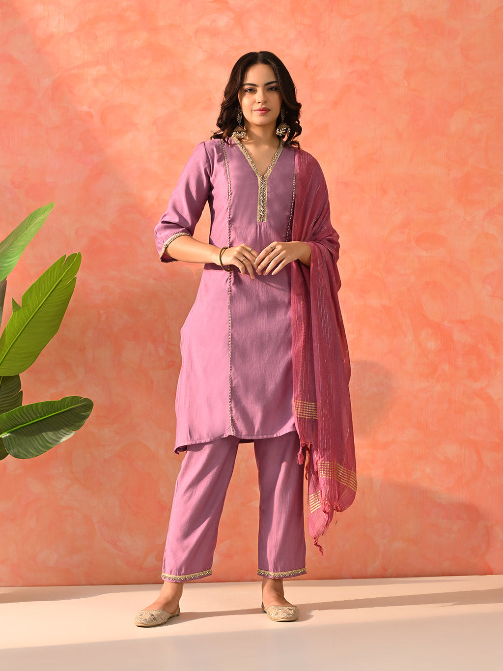 Myshka Lavender Silk Blend Straight V-Neck Three-Quarter Sleeves Kurta Trousers With Dupatta | Grocsy