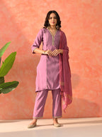 Myshka Lavender Silk Blend Straight V-Neck Three-Quarter Sleeves Kurta Trousers With Dupatta | Grocsy