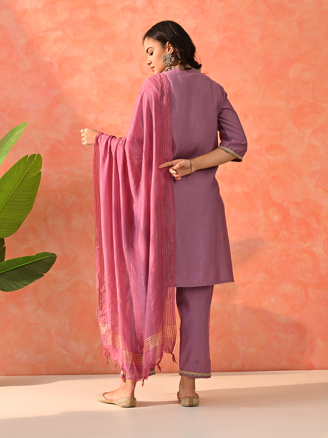 Myshka Lavender Silk Blend Straight V-Neck Three-Quarter Sleeves Kurta Trousers With Dupatta | Grocsy