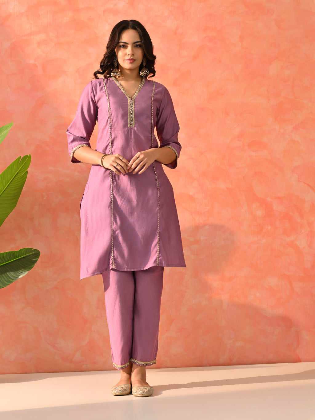 Myshka Lavender Silk Blend Straight V-Neck Three-Quarter Sleeves Kurta Trousers With Dupatta | Grocsy