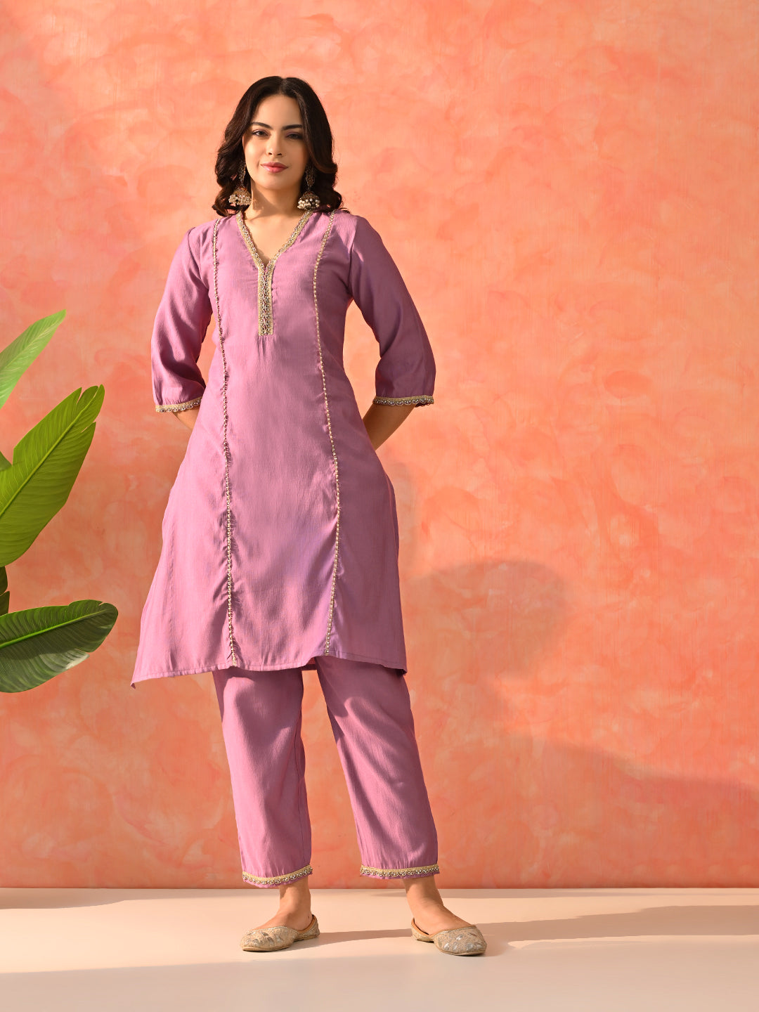 Myshka Lavender Silk Blend Straight V-Neck Three-Quarter Sleeves Kurta Trousers With Dupatta | Grocsy