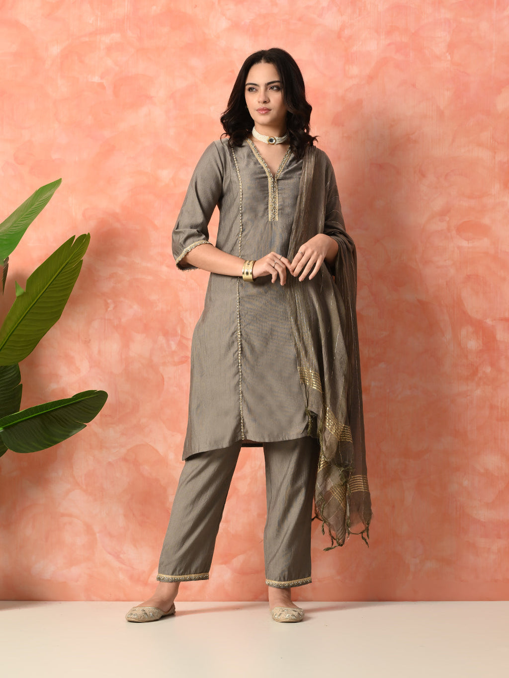 Myshka Gray Silk Blend Straight V-Neck Three-Quarter Sleeves Kurta Trousers With Dupatta | Grocsy