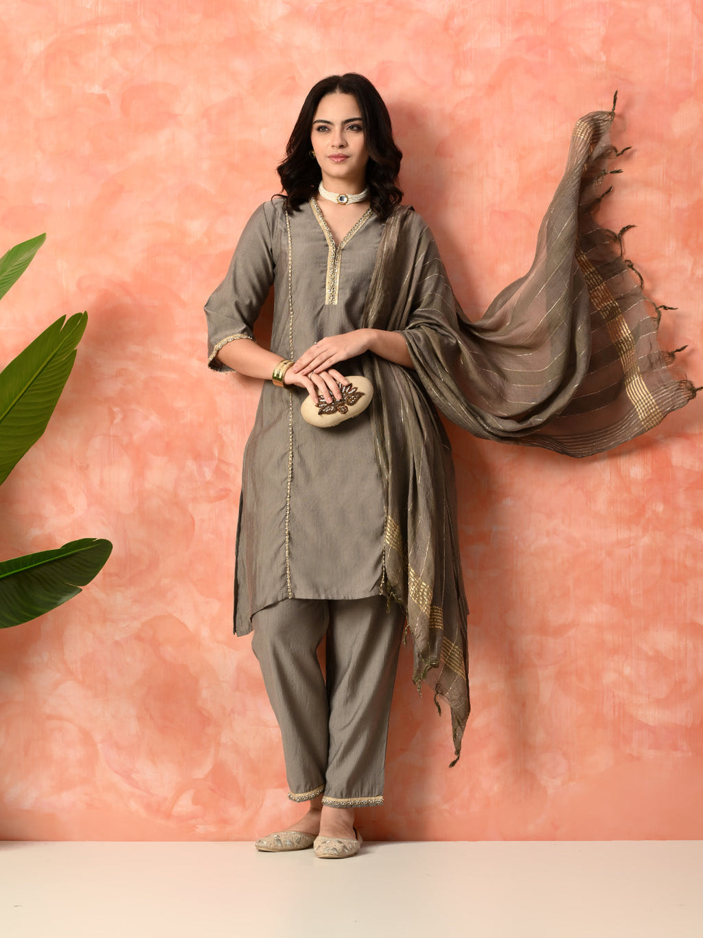 Myshka Gray Silk Blend Straight V-Neck Three-Quarter Sleeves Kurta Trousers With Dupatta | Grocsy