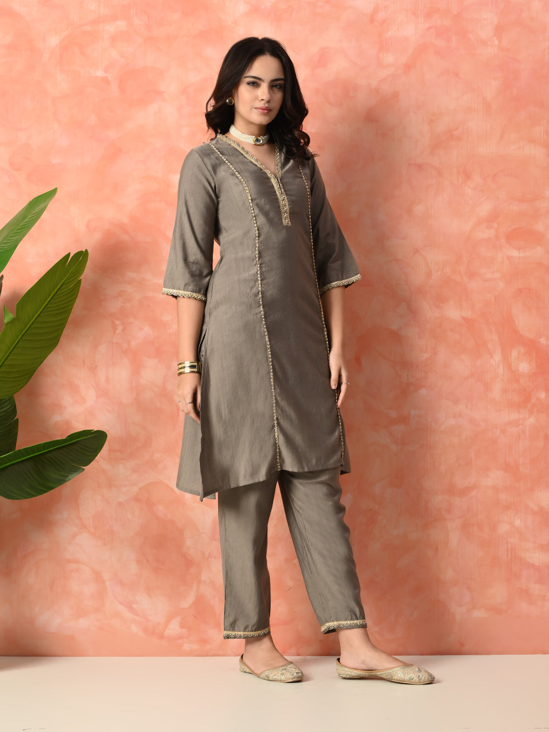 Myshka Gray Silk Blend Straight V-Neck Three-Quarter Sleeves Kurta Trousers With Dupatta | Grocsy