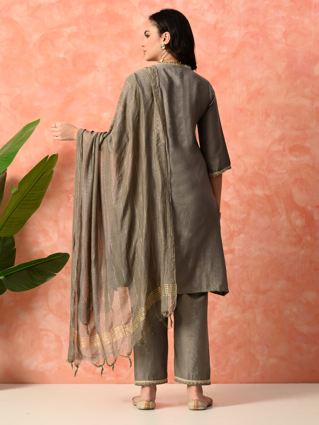 Myshka Gray Silk Blend Straight V-Neck Three-Quarter Sleeves Kurta Trousers With Dupatta | Grocsy