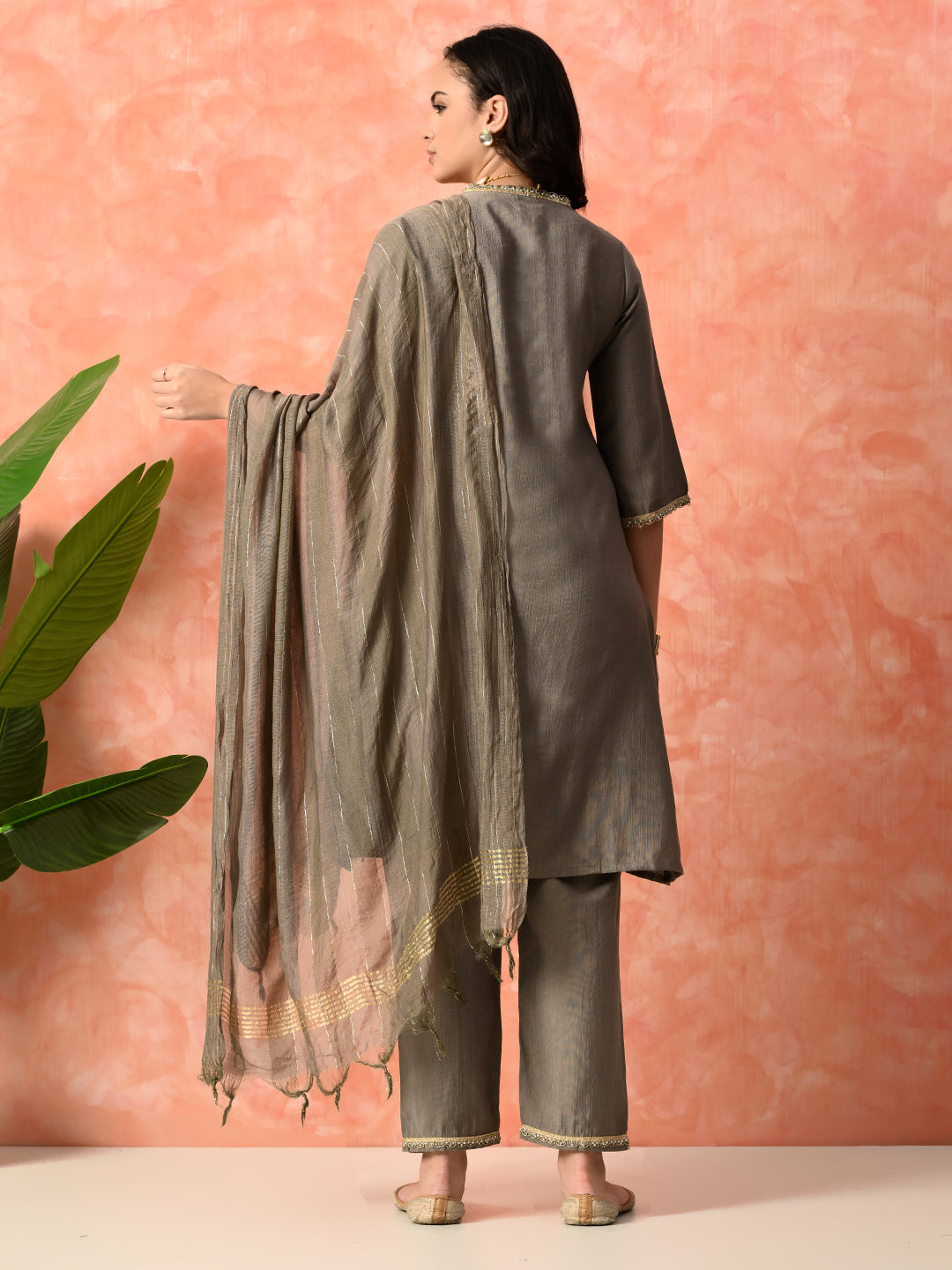 Myshka Gray Silk Blend Straight V-Neck Three-Quarter Sleeves Kurta Trousers With Dupatta | Grocsy