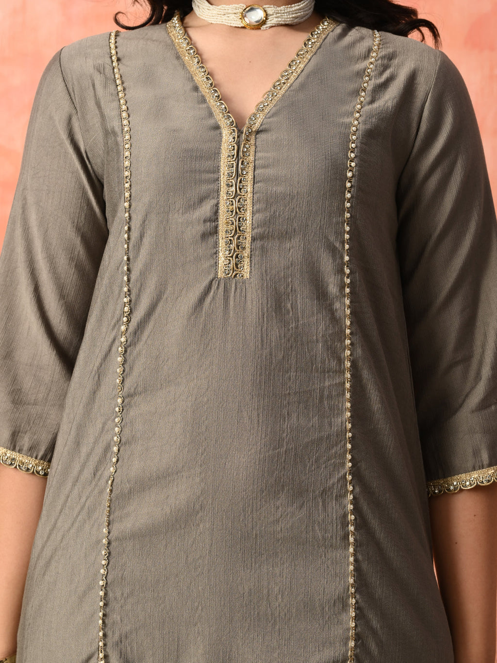 Myshka Gray Silk Blend Straight V-Neck Three-Quarter Sleeves Kurta Trousers With Dupatta | Grocsy