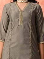 Myshka Gray Silk Blend Straight V-Neck Three-Quarter Sleeves Kurta Trousers With Dupatta | Grocsy