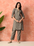 Myshka Gray Silk Blend Straight V-Neck Three-Quarter Sleeves Kurta Trousers With Dupatta | Grocsy