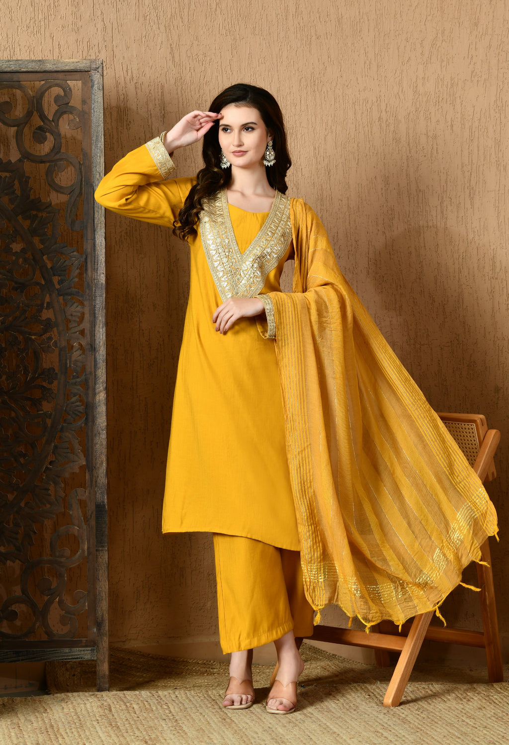 Myshka Musturd Silk Blend Straight Round Neck Long Sleeves Kurta Trousers With Dupatta | Grocsy