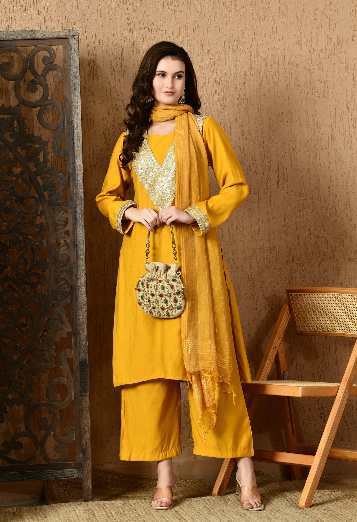Myshka Musturd Silk Blend Straight Round Neck Long Sleeves Kurta Trousers With Dupatta | Grocsy