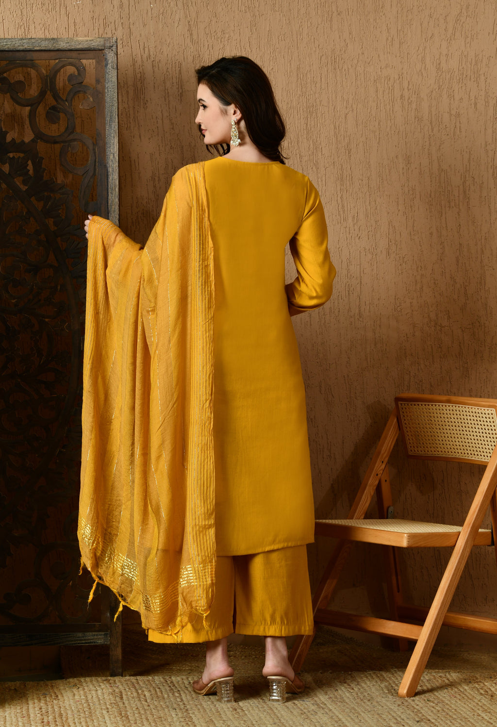 Myshka Musturd Silk Blend Straight Round Neck Long Sleeves Kurta Trousers With Dupatta | Grocsy