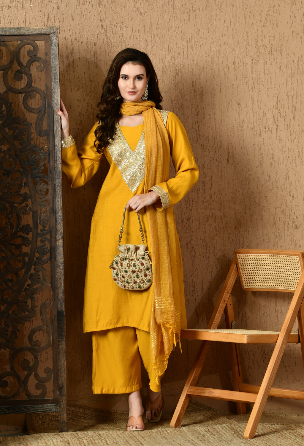 Myshka Musturd Silk Blend Straight Round Neck Long Sleeves Kurta Trousers With Dupatta | Grocsy