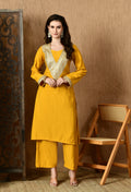 Myshka Musturd Silk Blend Straight Round Neck Long Sleeves Kurta Trousers With Dupatta | Grocsy