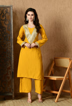 Myshka Musturd Silk Blend Straight Round Neck Long Sleeves Kurta Trousers With Dupatta | Grocsy