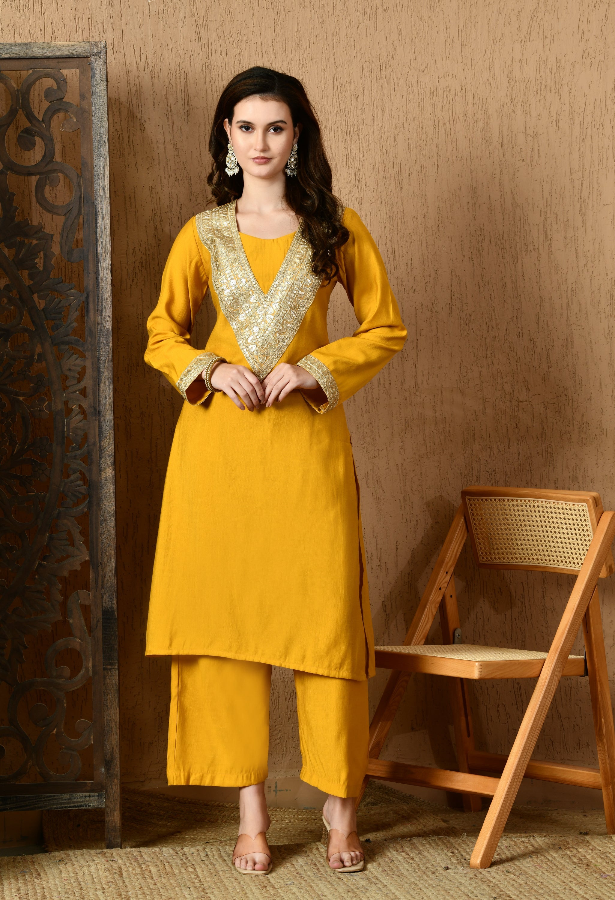 Myshka Musturd Silk Blend Straight Round Neck Long Sleeves Kurta Trousers With Dupatta | Grocsy