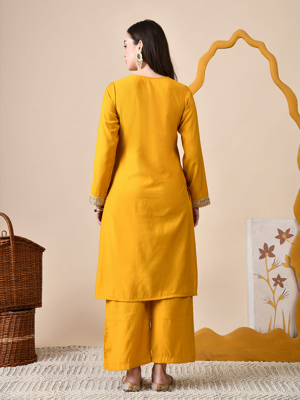 Myshka Musturd Silk Blend Straight Round Neck Long Sleeves Kurta Trousers Set | Grocsy