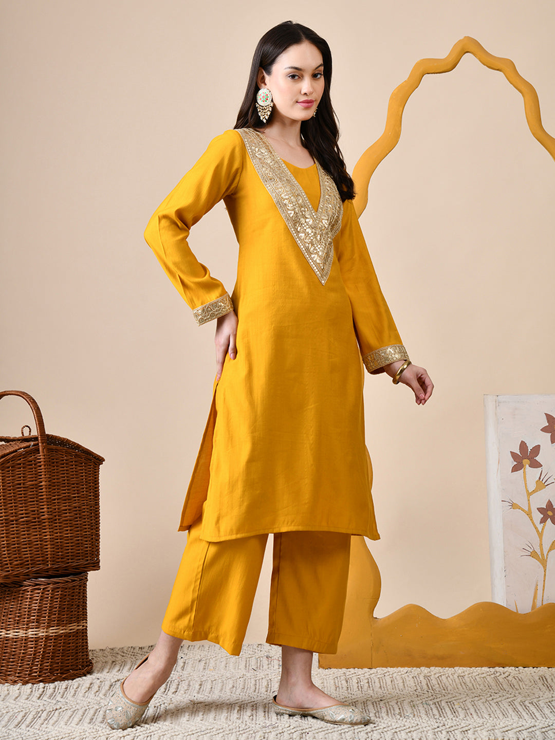 Myshka Musturd Silk Blend Straight Round Neck Long Sleeves Kurta Trousers Set | Grocsy