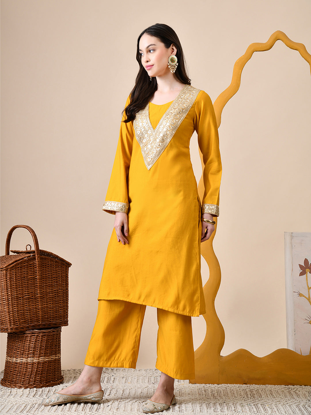 Myshka Musturd Silk Blend Straight Round Neck Long Sleeves Kurta Trousers Set | Grocsy