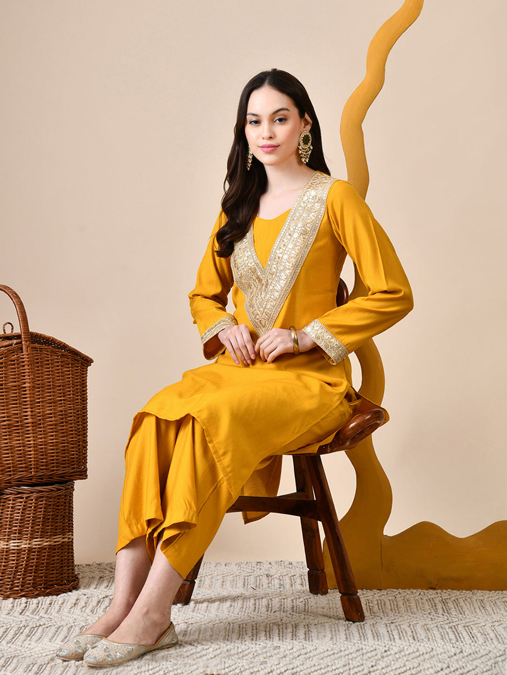 Myshka Musturd Silk Blend Straight Round Neck Long Sleeves Kurta Trousers Set | Grocsy