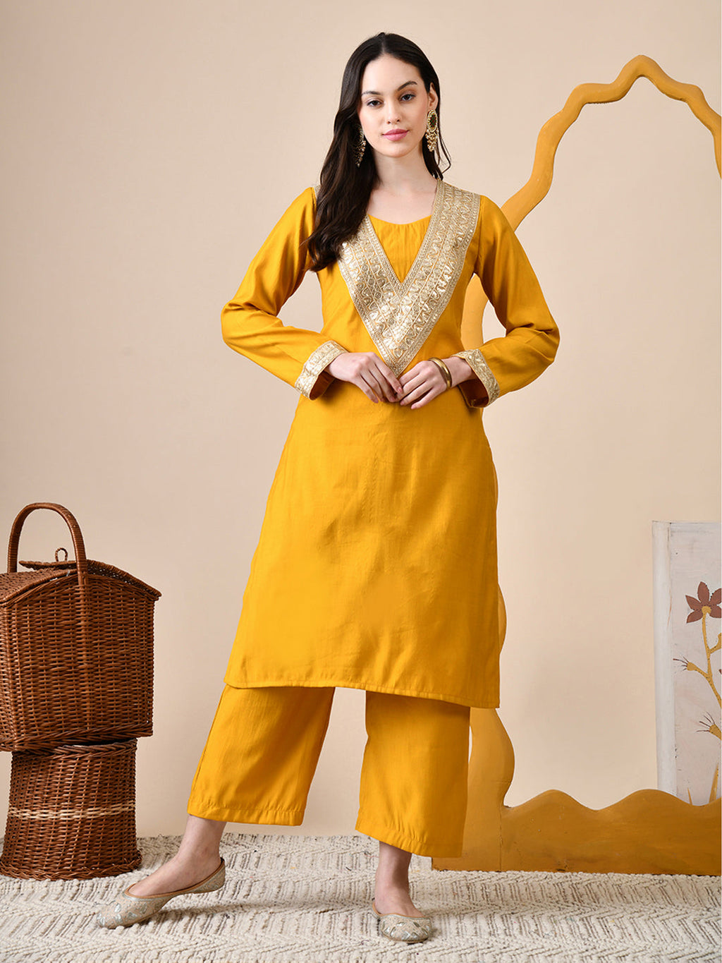 Myshka Musturd Silk Blend Straight Round Neck Long Sleeves Kurta Trousers Set | Grocsy