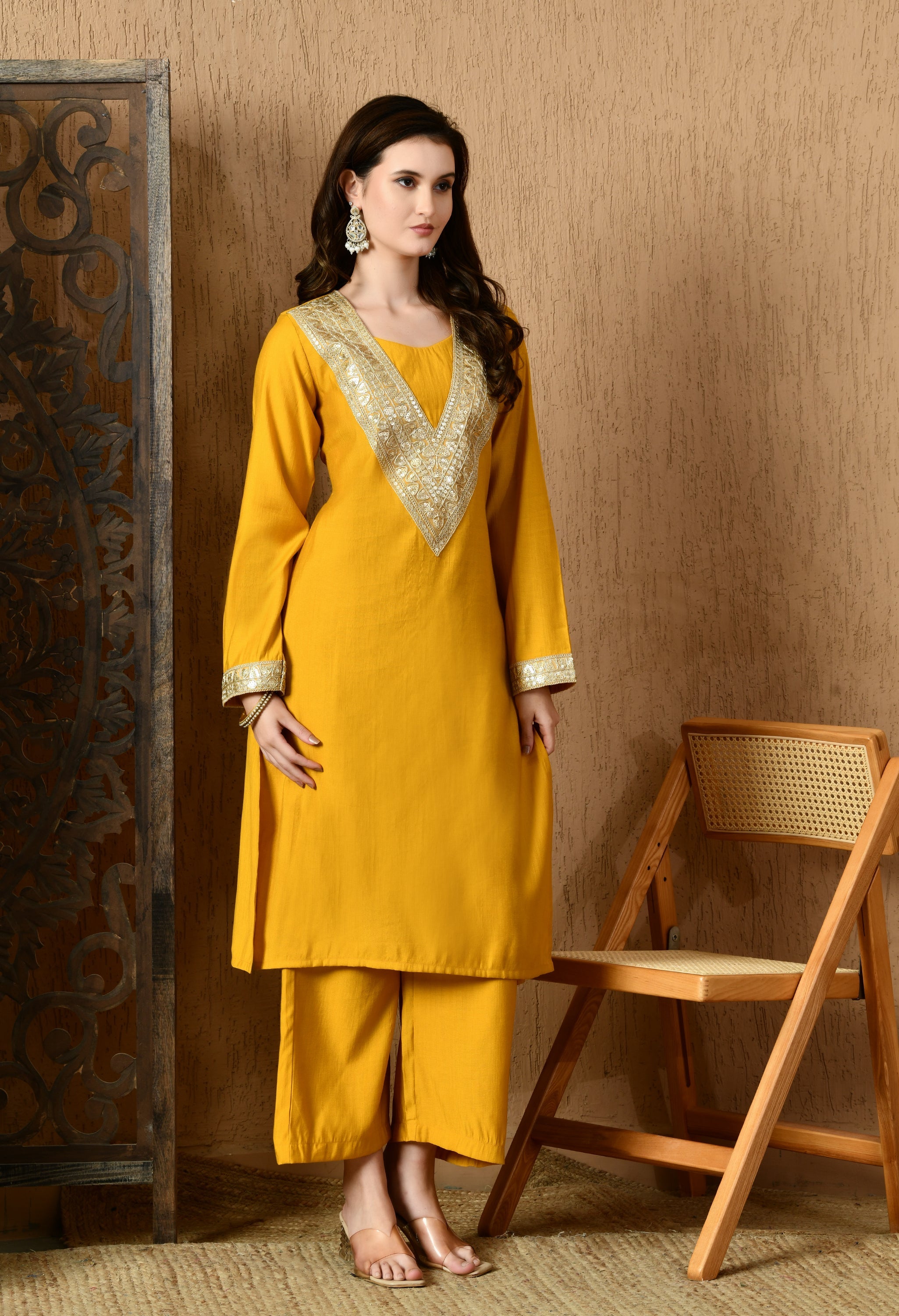 Myshka Musturd Silk Blend Straight Round Neck Long Sleeves Kurta Trousers With Dupatta | Grocsy