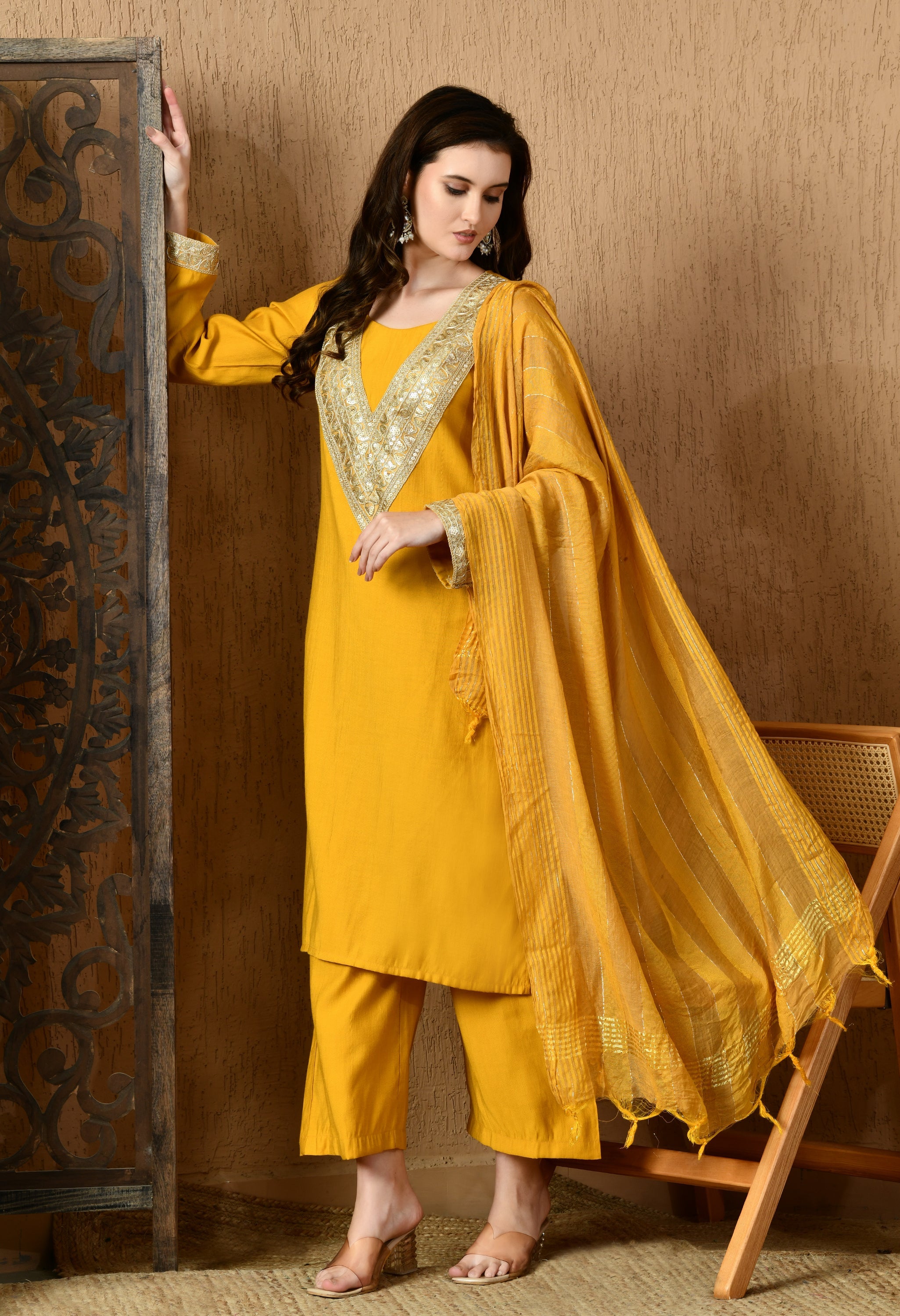 Myshka Musturd Silk Blend Straight Round Neck Long Sleeves Kurta Trousers With Dupatta | Grocsy