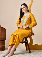 Myshka Musturd Silk Blend Straight Round Neck Long Sleeves Kurta Trousers Set | Grocsy