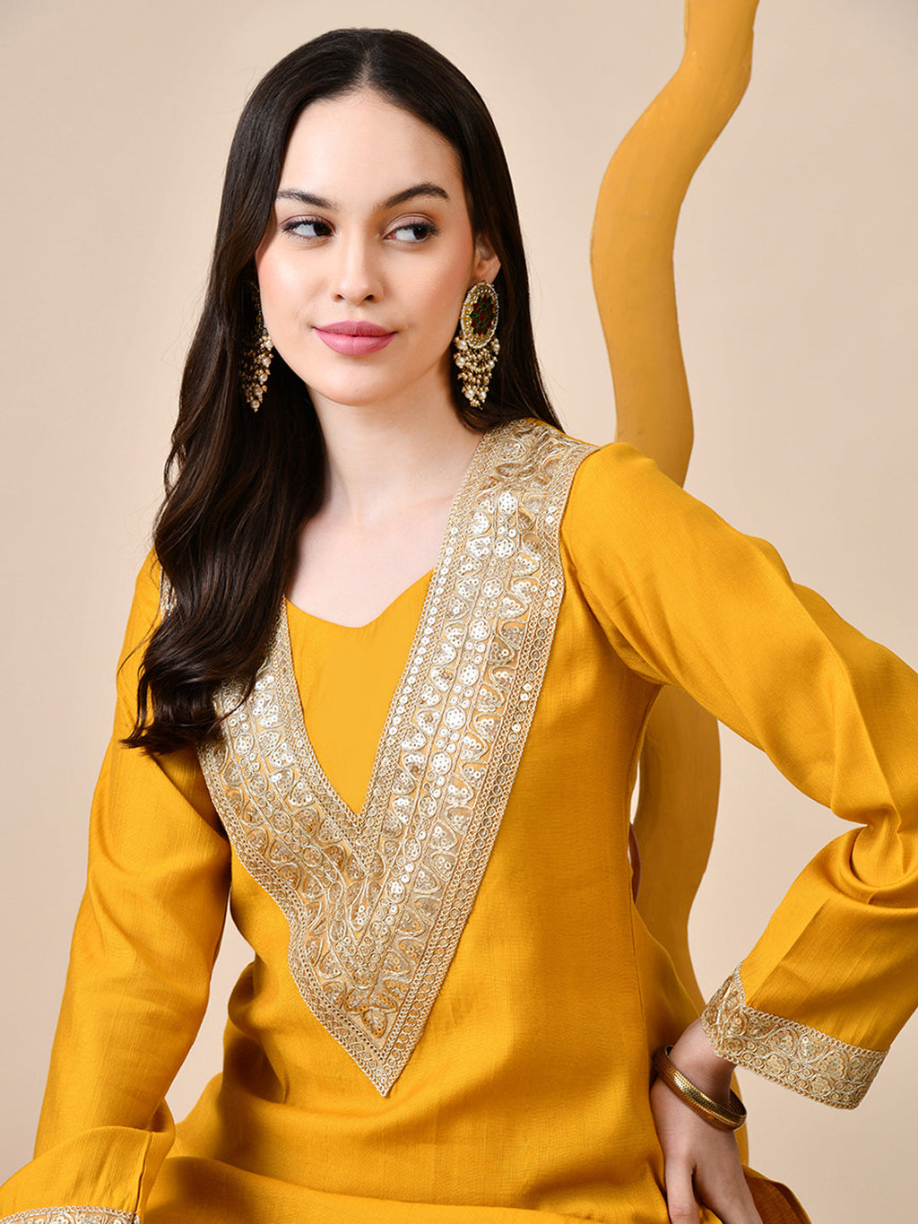 Myshka Musturd Silk Blend Straight Round Neck Long Sleeves Kurta Trousers Set | Grocsy