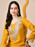 Myshka Musturd Silk Blend Straight Round Neck Long Sleeves Kurta Trousers Set | Grocsy