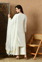 Myshka White Silk Blend Straight Round Neck Long Sleeves Kurta Trousers With Dupatta | Grocsy