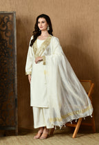 Myshka White Silk Blend Straight Round Neck Long Sleeves Kurta Trousers With Dupatta | Grocsy