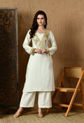 Myshka White Silk Blend Straight Round Neck Long Sleeves Kurta Trousers With Dupatta | Grocsy