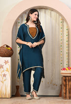 Myshka Blue Silk Blend Kaftan Round Neck Short Sleeves Kurta Trousers Set | Grocsy
