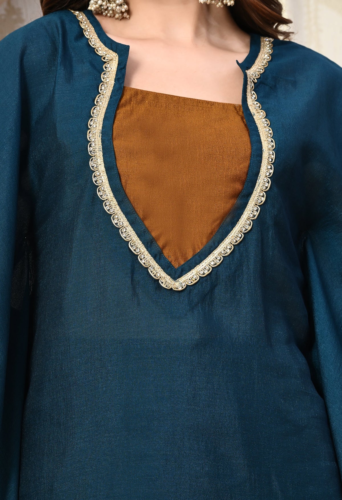 Myshka Blue Silk Blend Kaftan Round Neck Short Sleeves Kurta Trousers Set | Grocsy