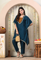 Myshka Blue Silk Blend Kaftan Round Neck Short Sleeves Kurta Trousers Set | Grocsy