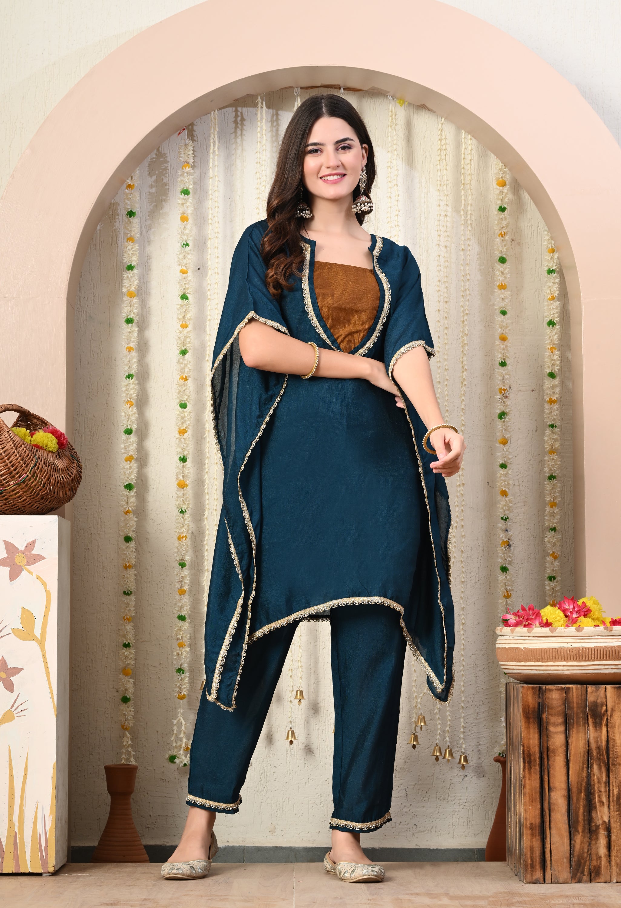 Myshka Blue Silk Blend Kaftan Round Neck Short Sleeves Kurta Trousers Set | Grocsy