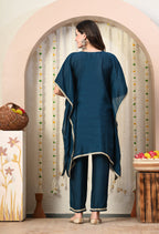 Myshka Blue Silk Blend Kaftan Round Neck Short Sleeves Kurta Trousers Set | Grocsy