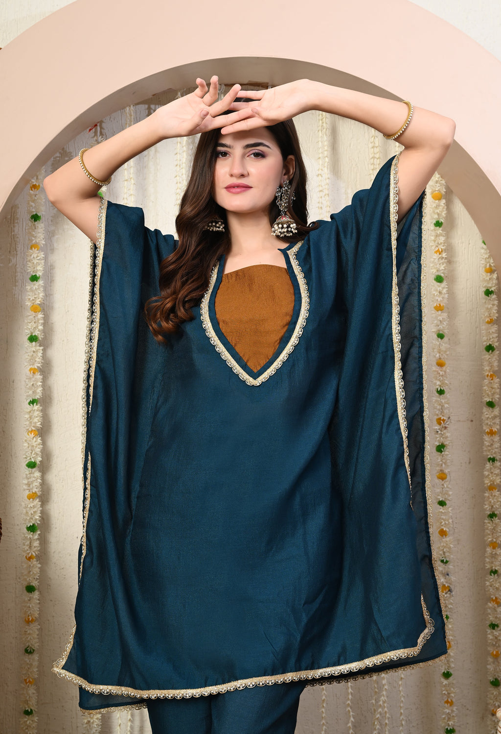 Myshka Blue Silk Blend Kaftan Round Neck Short Sleeves Kurta Trousers Set | Grocsy