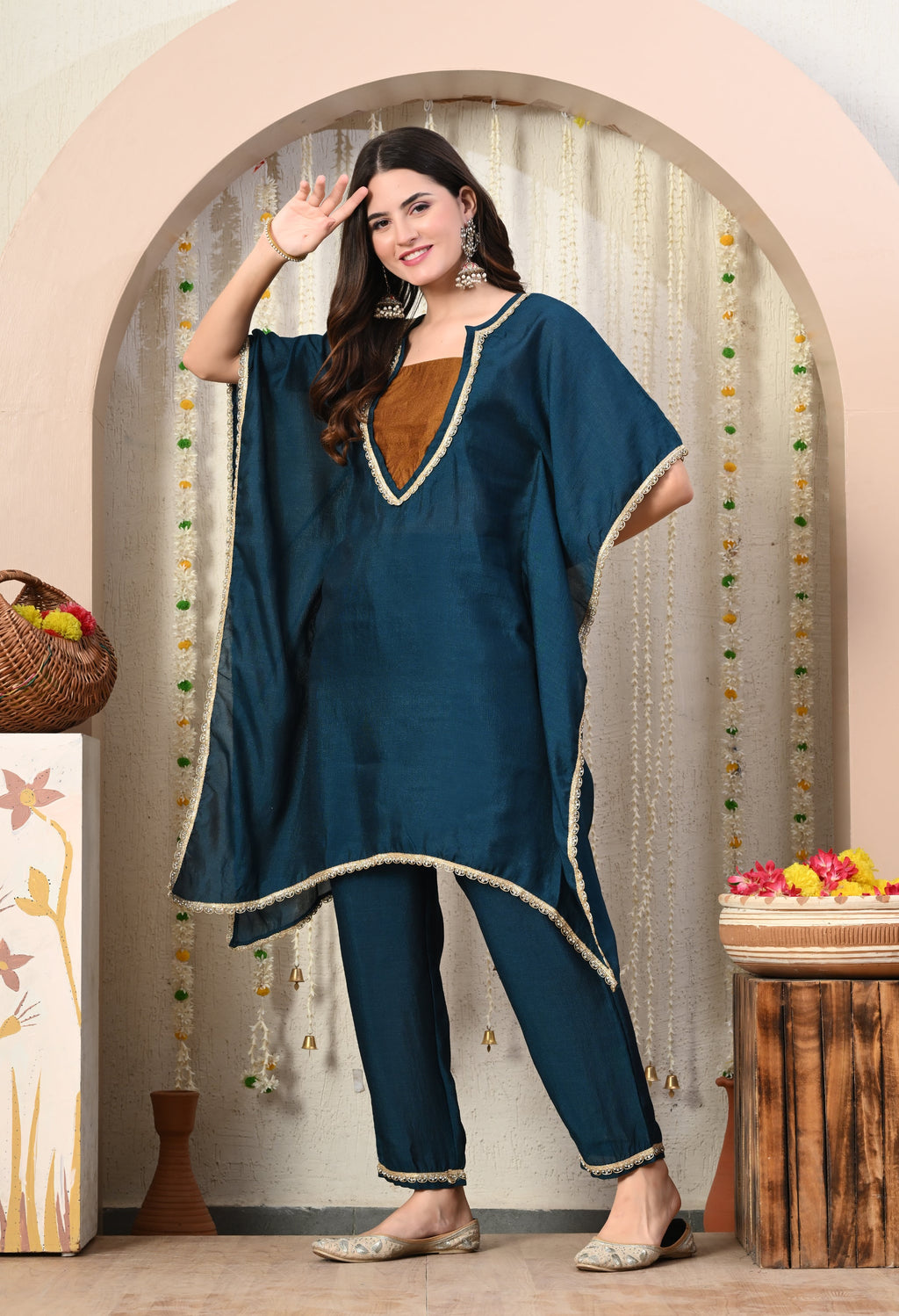 Myshka Blue Silk Blend Kaftan Round Neck Short Sleeves Kurta Trousers Set | Grocsy