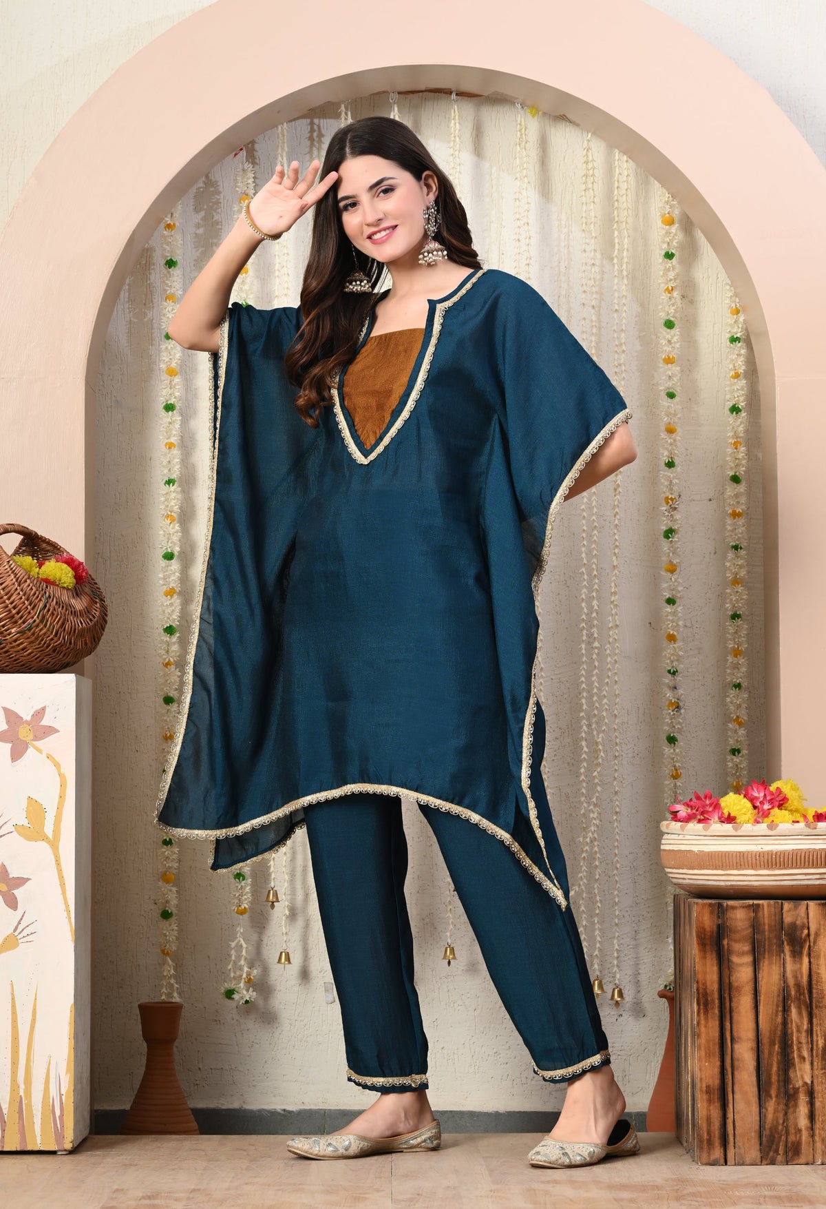 Myshka Blue Silk Blend Kaftan Round Neck Short Sleeves Kurta Trousers Set | Grocsy
