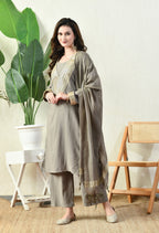 Myshka Gray Silk Blend Straight Round Neck Long Sleeves Kurta Trousers With Dupatta | Grocsy