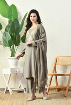 Myshka Gray Silk Blend Straight Round Neck Long Sleeves Kurta Trousers With Dupatta | Grocsy